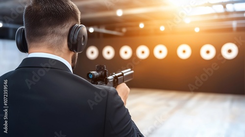 Security agent practicing shooting at gun range with rifle photo