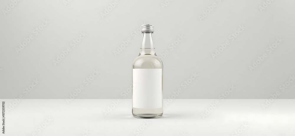 Transparent glass bottle with an empty label on a light gray background in a minimalist style