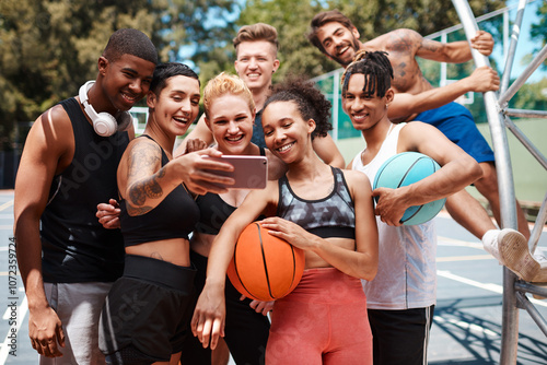 Fototapeta Naklejka Na Ścianę i Meble -  Basketball, group and selfie outdoor on sport court with social media, smile and break. Fitness, team and diversity with workout and training for game with people together and profile picture