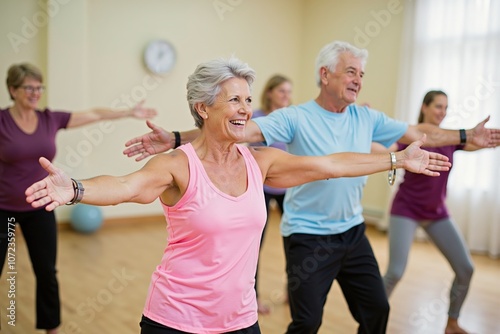 Active seniors engaging in group exercise class for health and wellness.
