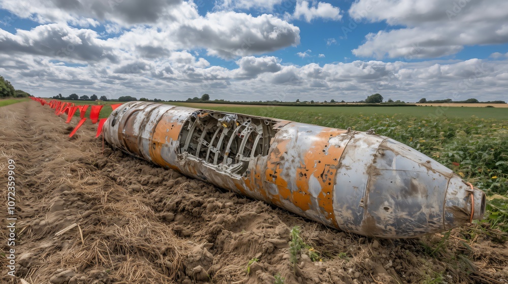 Partially buried unexploded bomb found in rural field with warning markers Partially buried unexploded bomb found in rural field with warning markers