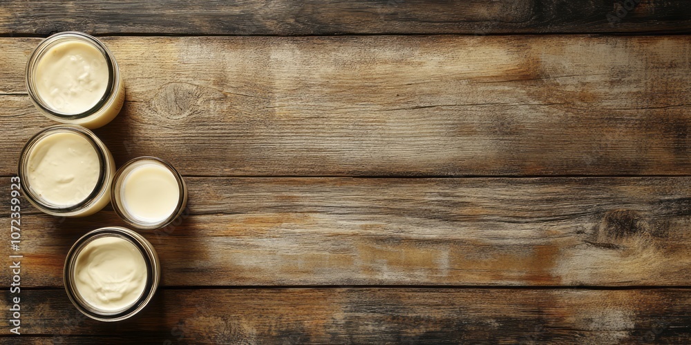 Glass jars filled with creamy white substance on wooden surface Glass jars filled with creamy white substance on wooden surface