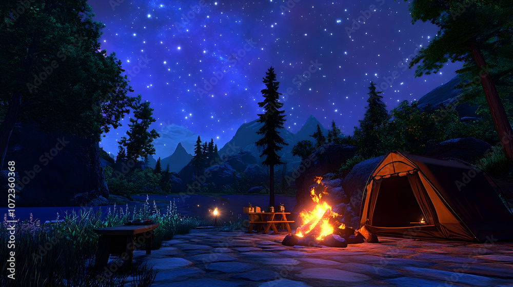 A cozy campsite with a campfire burning brightly under a starry night sky. A cozy campsite with a campfire burning brightly under a starry night sky.