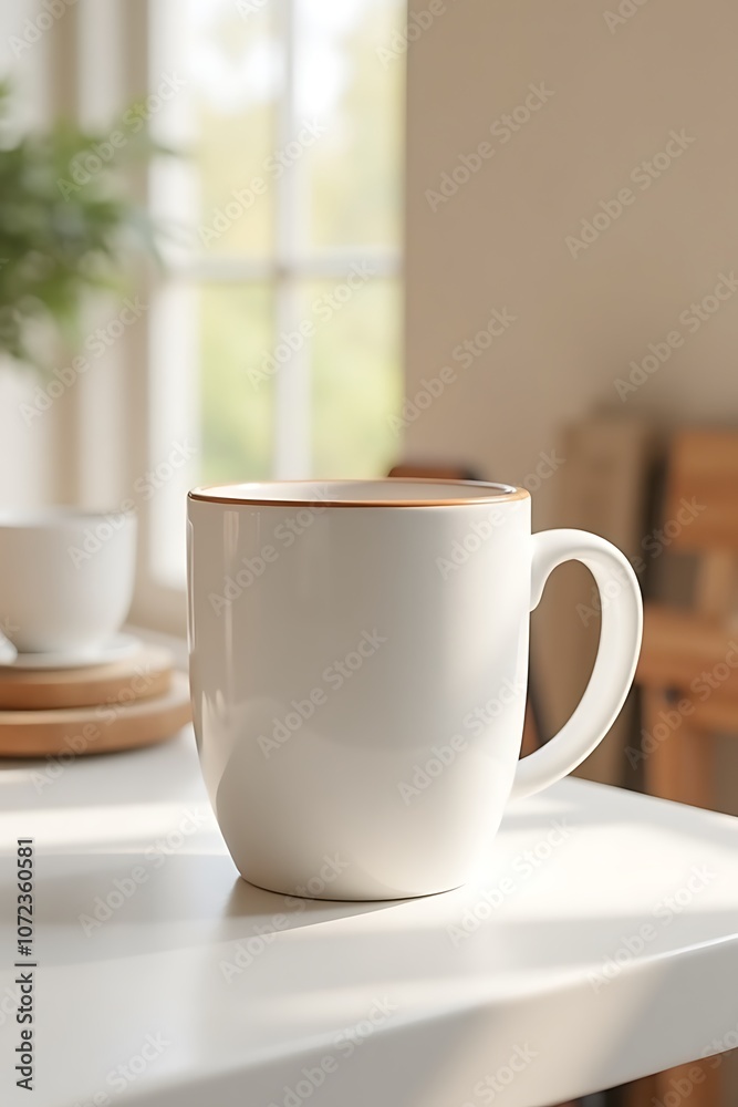 Close-up of a white coffee mug filled with a drink in a cozy room with natural light Close-up of a white coffee mug filled with a drink in a cozy room with natural light