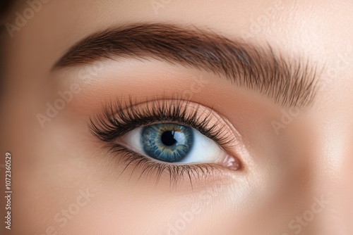 Close-up eye with blue iris, long lashes, defined brows, smooth skin