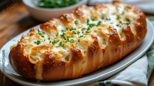 Korean Cream Cheese Garlic Bread on white plate, copy space