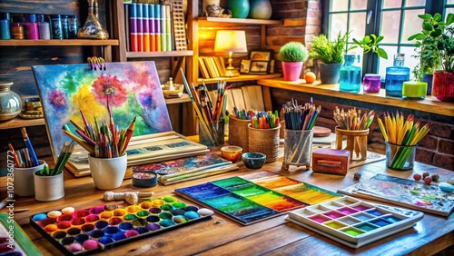 Vibrant Creative Workspace Filled with Colorful Art Supplies and Tools for Artistic Expression and Inspiration, Perfect for Creative Projects and DIY Enthusiasts