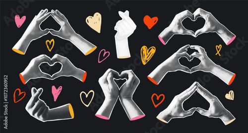 Various Hand Gestures Creating Hearts halftone collage on Black Background