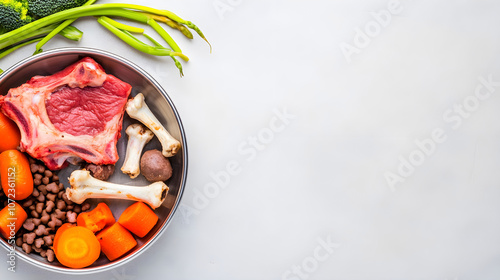 Raw pet food ingredients in a bowl including meat, bones, carrots, and green beans on a light gray background with copy space photo