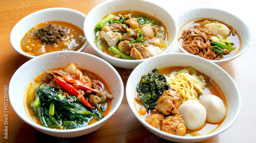 Assorted bowls of Asian noodle soup with vegetables, meat, fish balls, and flavorful broth arranged on a wooden table