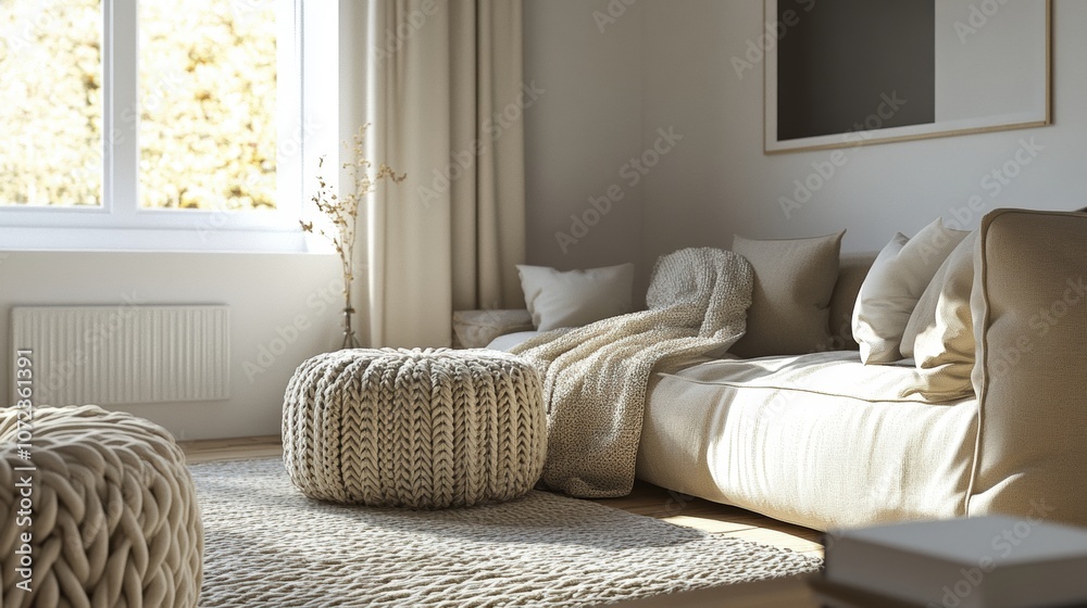 Cozy and modern living room with soft textures and warm tones for a relaxing atmosphere. Cozy and modern living room with soft textures and warm tones for a relaxing atmosphere.