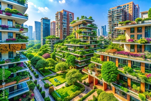 Vibrant Eco-Friendly Cityscape Featuring Rooftop Gardens and Lush Greenery for Sustainable Urban Living and Architectural Harmony photo