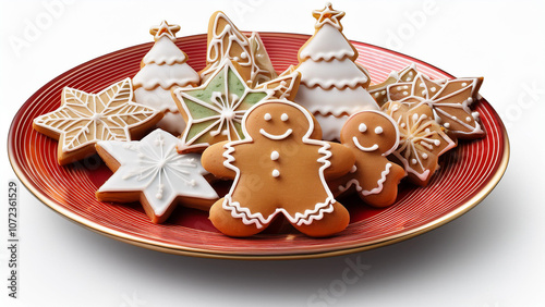 Plate filled with Christmas cookies, including gingerbread men, stars, and trees on a white background. PNG transparent.
