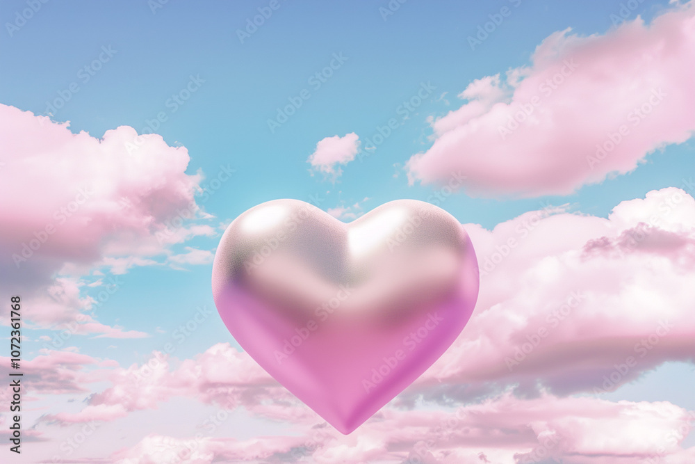 Glossy pink heart floating in a dreamy sky with soft pink clouds, creating a whimsical and romantic atmosphere with a sense of love and fantasy Glossy pink heart floating in a dreamy sky with soft pink clouds, creating a whimsical and romantic atmosphere with a sense of love and fantasy