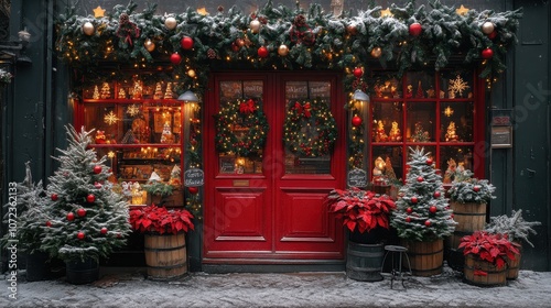 Christmas trees and decoration in front of the shop, winter street market, with no people