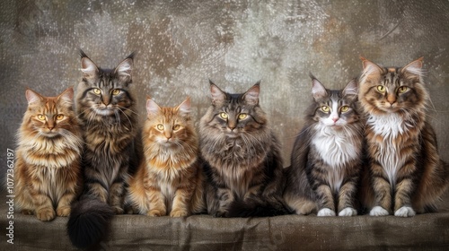 A striking group portrait of six elegant cats sitting side-by-side, showcasing their diverse fur patterns and intense gazes against a textured background canvas.