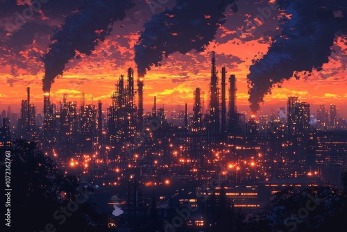 Industrial refinery with smoke during twilight