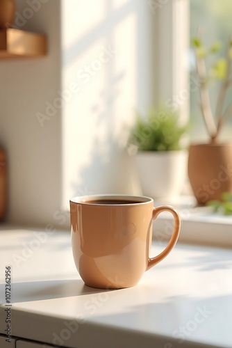 Brown ceramic mug filled with beverage in cozy indoor setting with natural light and green plants