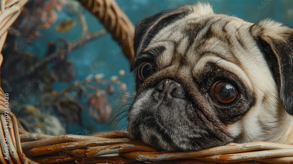 A pug looks thoughtfully from a wicker basket surrounded by delicate foliage. Its soft eyes and gentle demeanor convey tranquility and contemplation. A pug looks thoughtfully from a wicker basket surrounded by delicate foliage. Its soft eyes and gentle demeanor convey tranquility and contemplation.