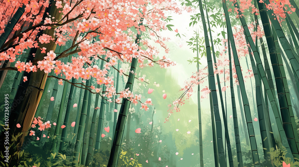Obraz premium illustration of green bamboo forest with pink cherry blossom