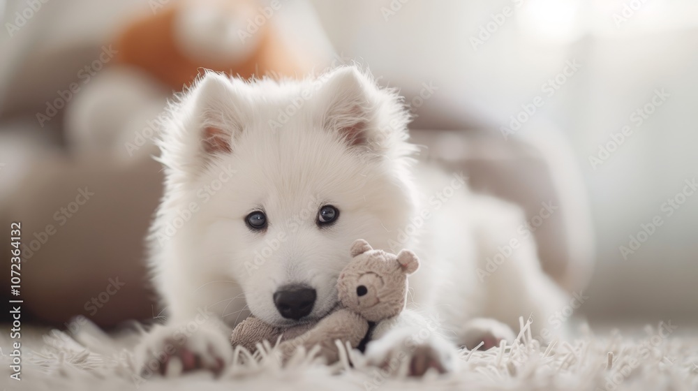 Naklejka premium A fluffy white puppy joyfully plays with a teddy bear on a plush carpet in a cozy setting, radiating cuteness and the playful exuberance of youth.