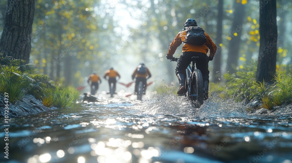 Fototapeta premium Cyclists navigating a serene forest stream on mountain bikes.