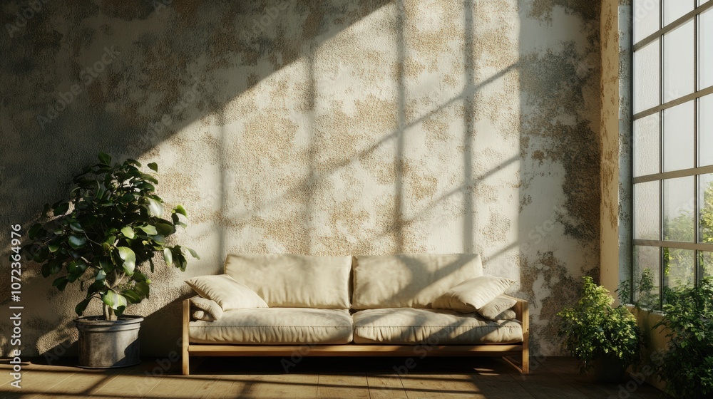 Cozy interior with a comfortable sofa, plants, and sunlight filtering through large windows. Cozy interior with a comfortable sofa, plants, and sunlight filtering through large windows.