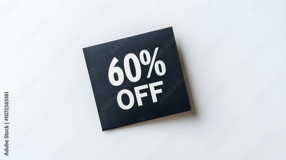 White '60% OFF' Text on a Black Square Paper Note. White Background with Copy Space White '60% OFF' Text on a Black Square Paper Note. White Background with Copy Space