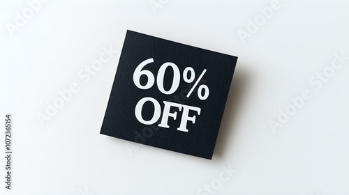 White '60% OFF' Text on a Black Square Paper Note. White Background with Copy Space