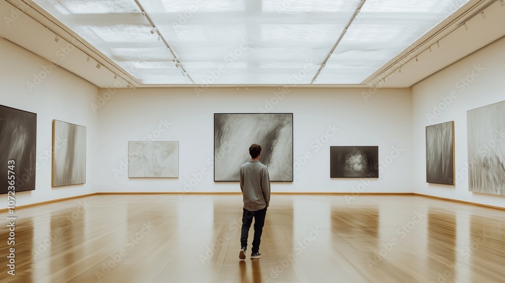 A young man admires abstract paintings in a serene, minimalist gallery, reflecting on creativity. A young man admires abstract paintings in a serene, minimalist gallery, reflecting on creativity.
