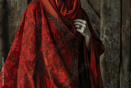 Queen wearing luxurious embroidered red medieval dress and red scarf, holding fabric