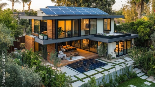 Modern Smart Home Featuring Solar Panel Rooftop for Renewable Energy