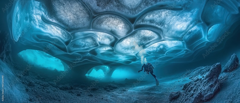Diver exploring the mesmerizing ice caves of a frozen glacier Diver exploring the mesmerizing ice caves of a frozen glacier