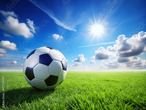 Vibrant Soccer Ball on a Green Field with Copy Space for Sport-related Content and Promotions in a Dynamic Outdoor Setting