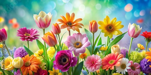 Vibrant Spring Floral Composition Featuring Fresh Colorful Flowers on a Soft Pastel Background for a Refreshing Seasonal Aesthetic