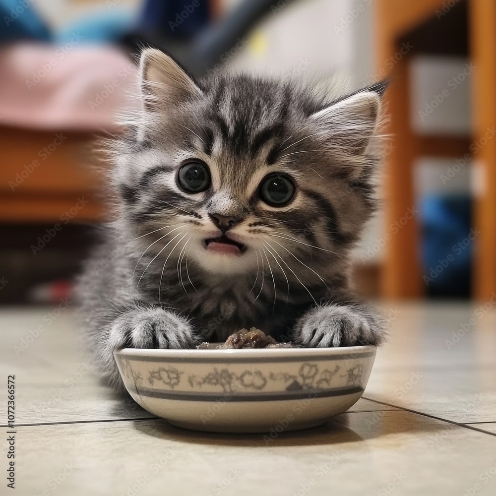 Naklejka premium A fluffy gray cat with stripes enjoys a meal from its bowl on the kitchen floor. The adorable kitten looks content and happy after a tasty snack.