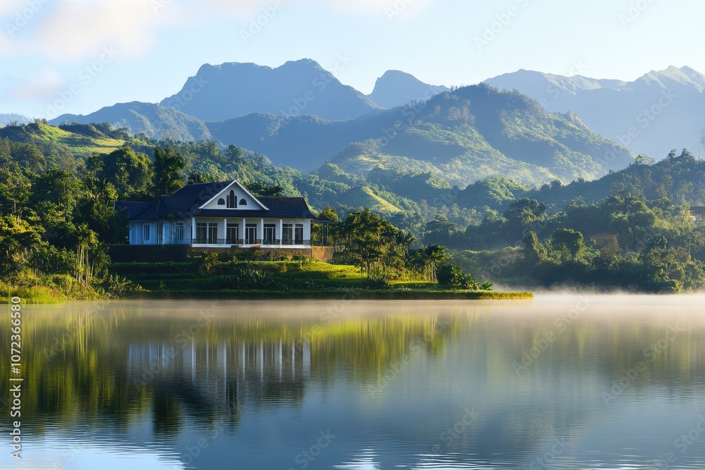 Fototapeta premium Serene mountain landscape with a traditional house by a tranquil lake