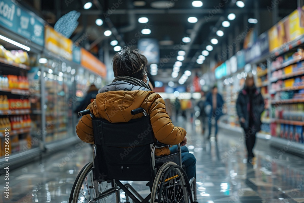 Obraz premium A young individual in a wheelchair navigates a busy supermarket aisle, surrounded by shelves filled with various products as shoppers go about their evening grocery shopping
