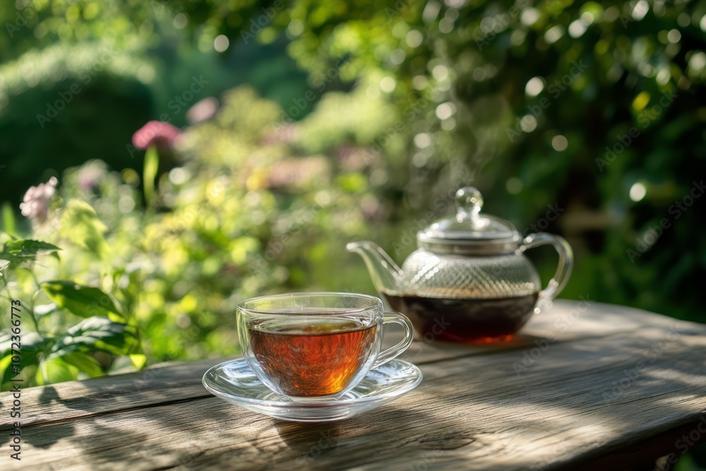 A Cup of Tea on a Wooden Table in a Sunny Garden A Cup of Tea on a Wooden Table in a Sunny Garden
