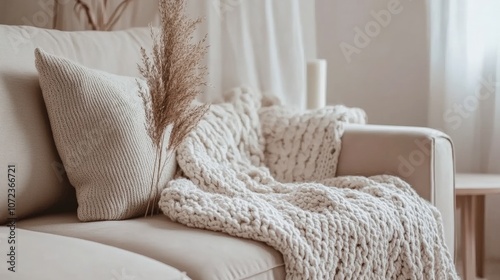 Cozy living room corner with a soft blanket and pillows, creating a warm atmosphere.