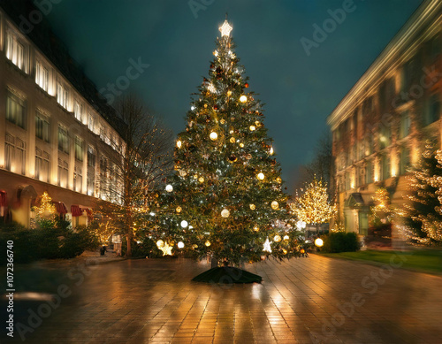 Obraz na płótnie Majestic Christmas tree adorned with red ornaments and golden lights stands beneath a stunning canopy of twinkling fairy lights in a city square w salonie