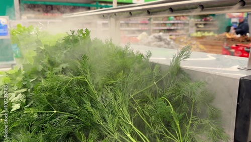 Grocery store displays fresh herbs with a light mist for added freshness and appeal