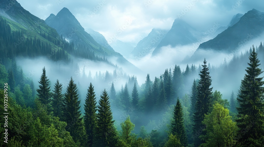 Obraz premium A Foggy Mountainous Landscape Forested with Pine Trees, a Generative AI Image
