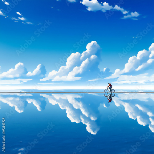 ウユニ塩湖を自転車で横断する旅人 - 青空と白い雲が水面に映り込む絶景