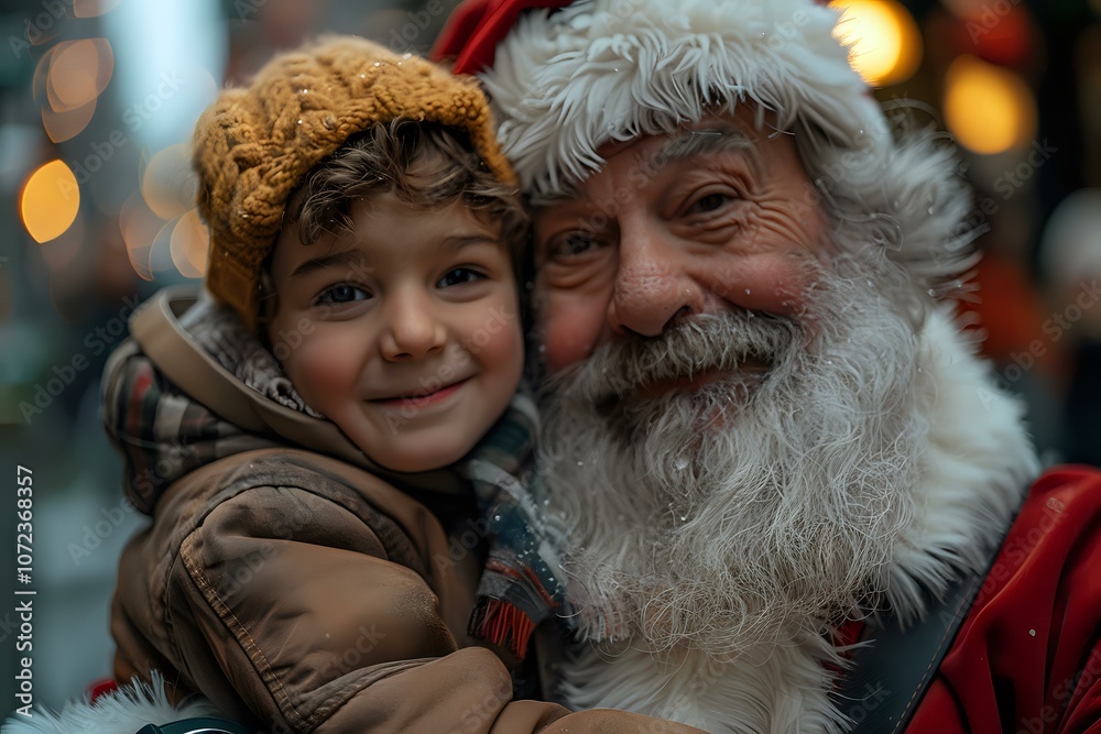 Santa Claus with a young child smiling in festive winter clothes, with a Christmas market background. Perfect for capturing the spirit of Christmas, family joy, and holiday cheer. Santa Claus with a young child smiling in festive winter clothes, with a Christmas market background. Perfect for capturing the spirit of Christmas, family joy, and holiday cheer.