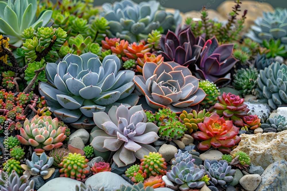 Vibrant arrangement of various succulents in different shapes and colors. Ideal for nature, gardening, home decor, and plant-related design themes.