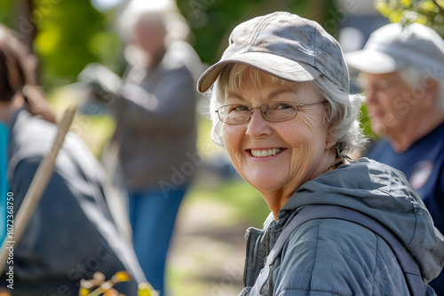 Joyful volunteers tending to their community garden in spring sunshine