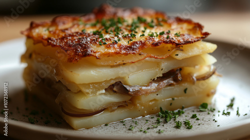 Janssons frestelse served on a white plate with garnish photo