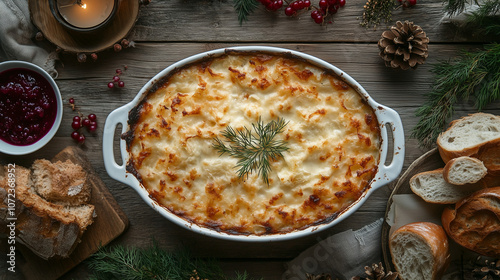 Janssons frestelse casserole with dill and bread on table photo