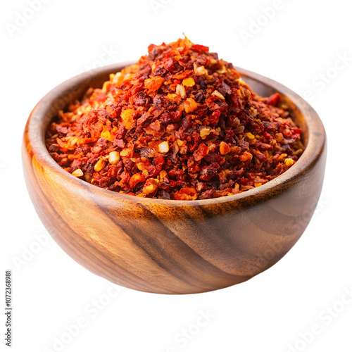 raw organic red pepper flakes in wooden bowl on transparent background